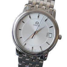 Load image into Gallery viewer, Silver Omega watch with a white dial on a gray background