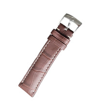Load image into Gallery viewer, Brown leather watch strap with silver buckle on a gray surface
