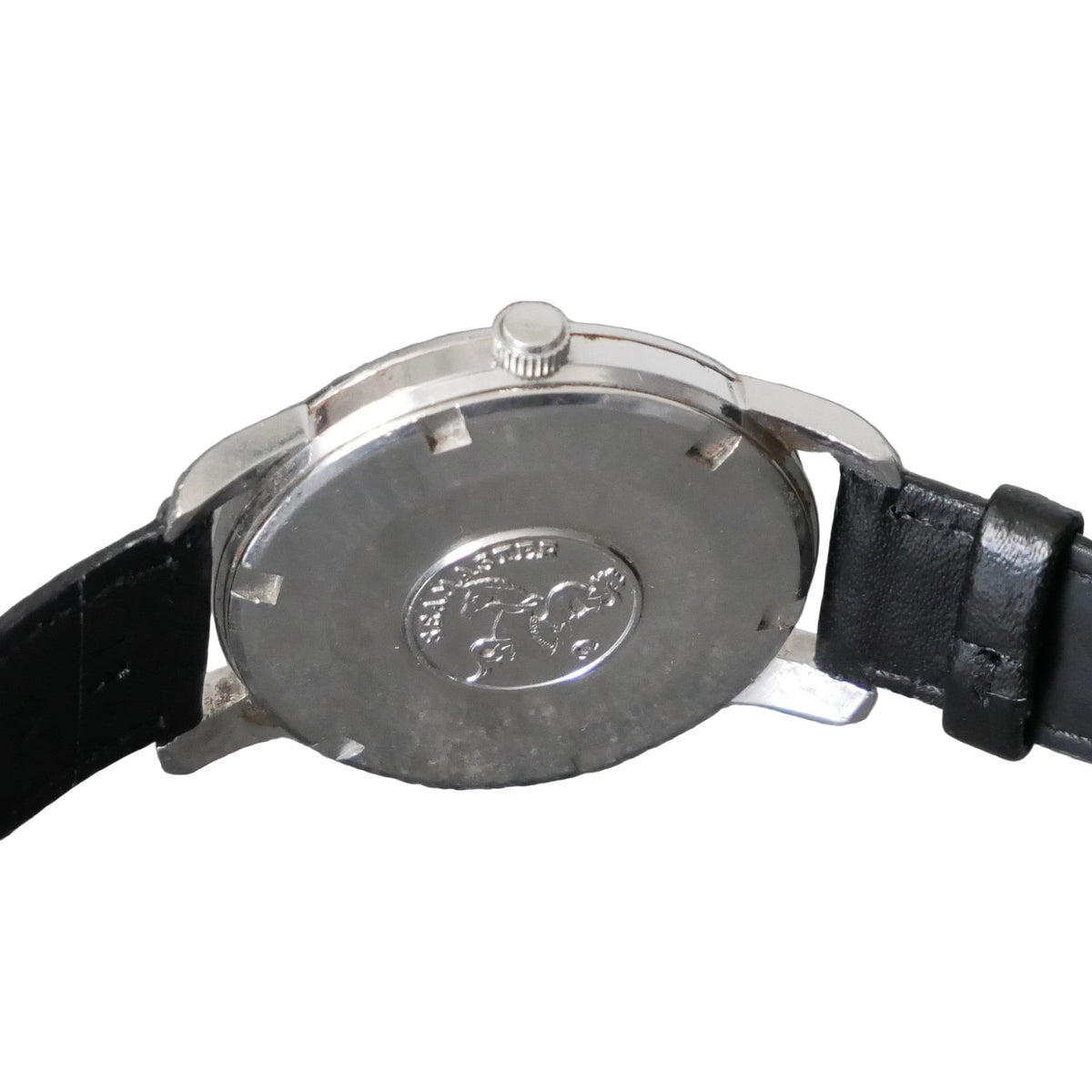 Watch case with brand logo on a gray background