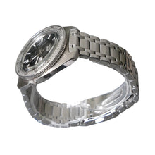 Load image into Gallery viewer, Silver watch on a stand with a gray background
