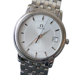 Silver Omega watch with a white dial on a gray background