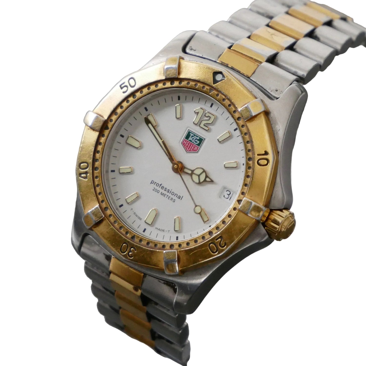 Two-tone silver and gold watch with a visible brand logo on a gray background