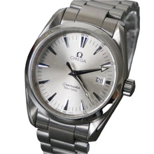 Load image into Gallery viewer, Silver Omega watch with a white face on a gray background
