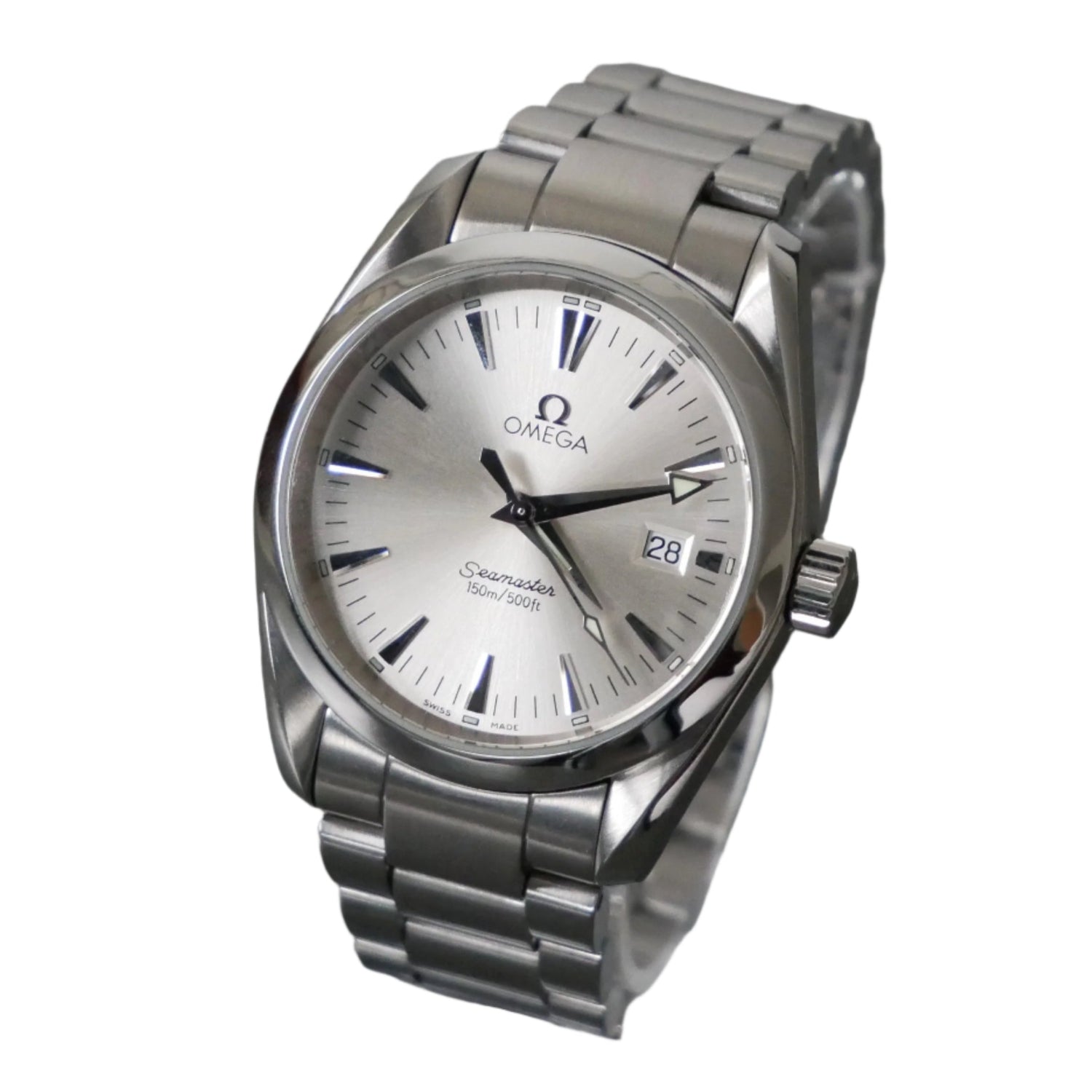 Silver Omega watch with a white face on a white background