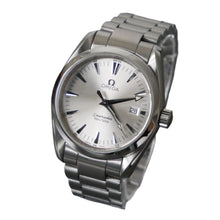 Load image into Gallery viewer, Silver Omega watch with a white face on a white background
