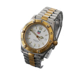 Two-tone watch with silver and gold band on a gray background