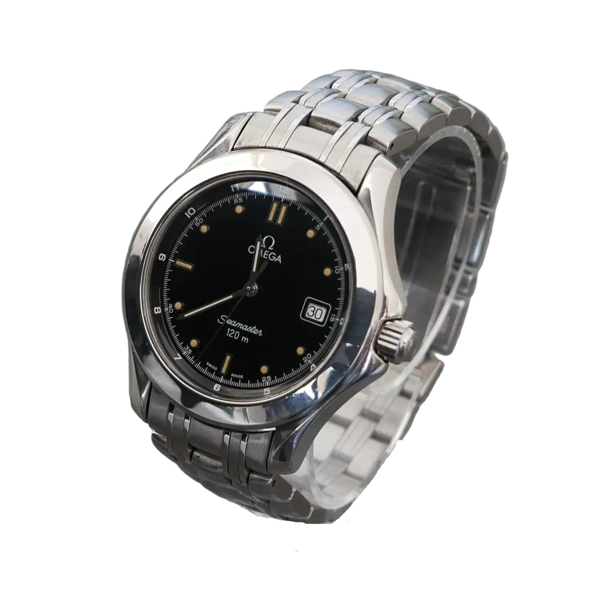 Silver Omega watch on a clear stand against a gray background