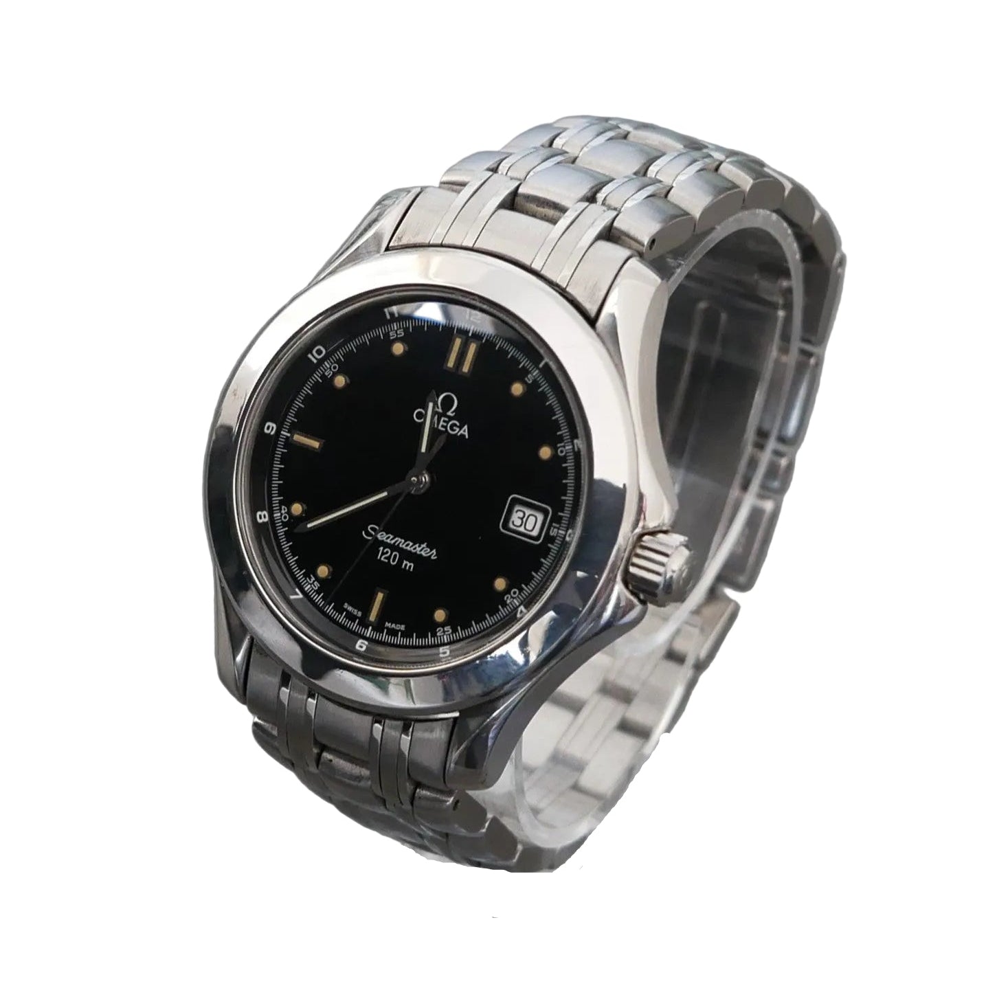 Silver Omega watch on a clear stand against a gray background