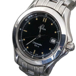 Silver Omega watch with black dial on a white background