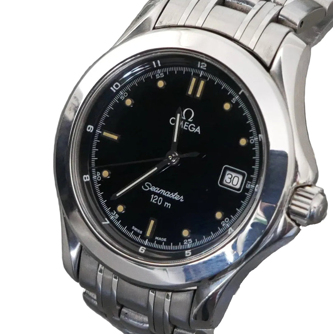 Silver Omega watch with black dial on a white background